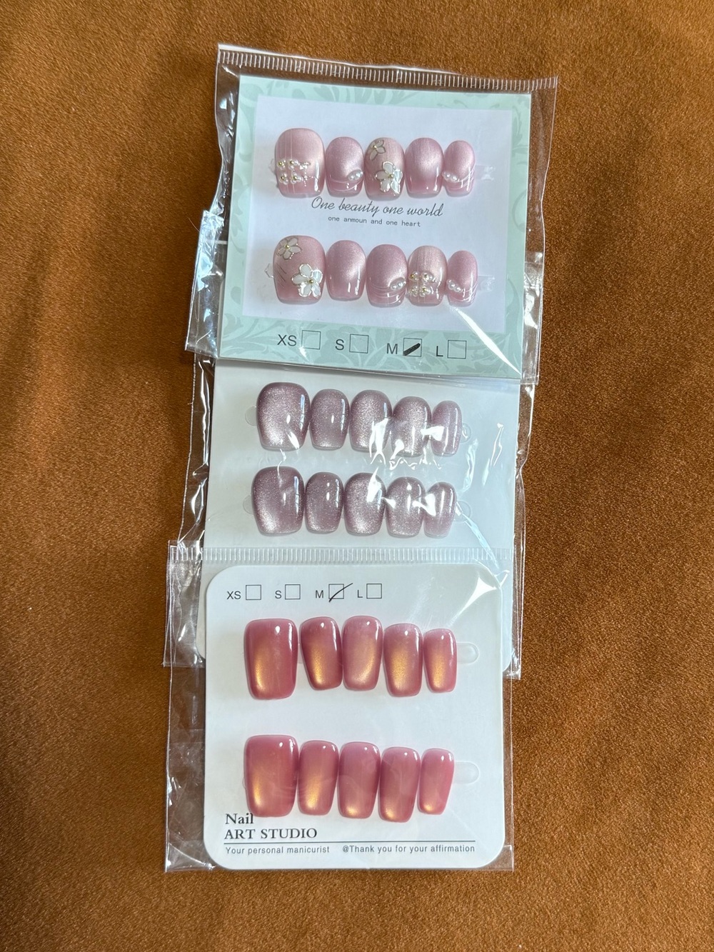 Handmade Press-On Nail Bundle Size Medium Coffin Square Pink Rose Ombre Cat Eye